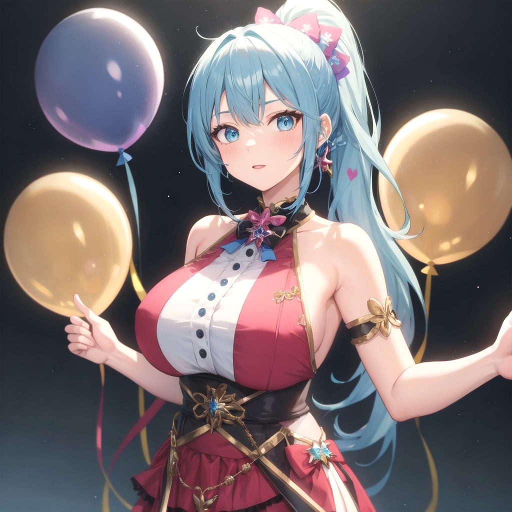 いっぱい色とりどりの風船を持つ水色髪ポニーテールのアイドル衣装着た美少女
