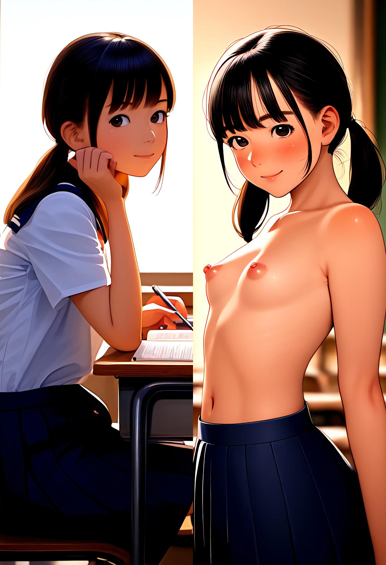 夕焼けに染まる美しい同級生と見せ合った