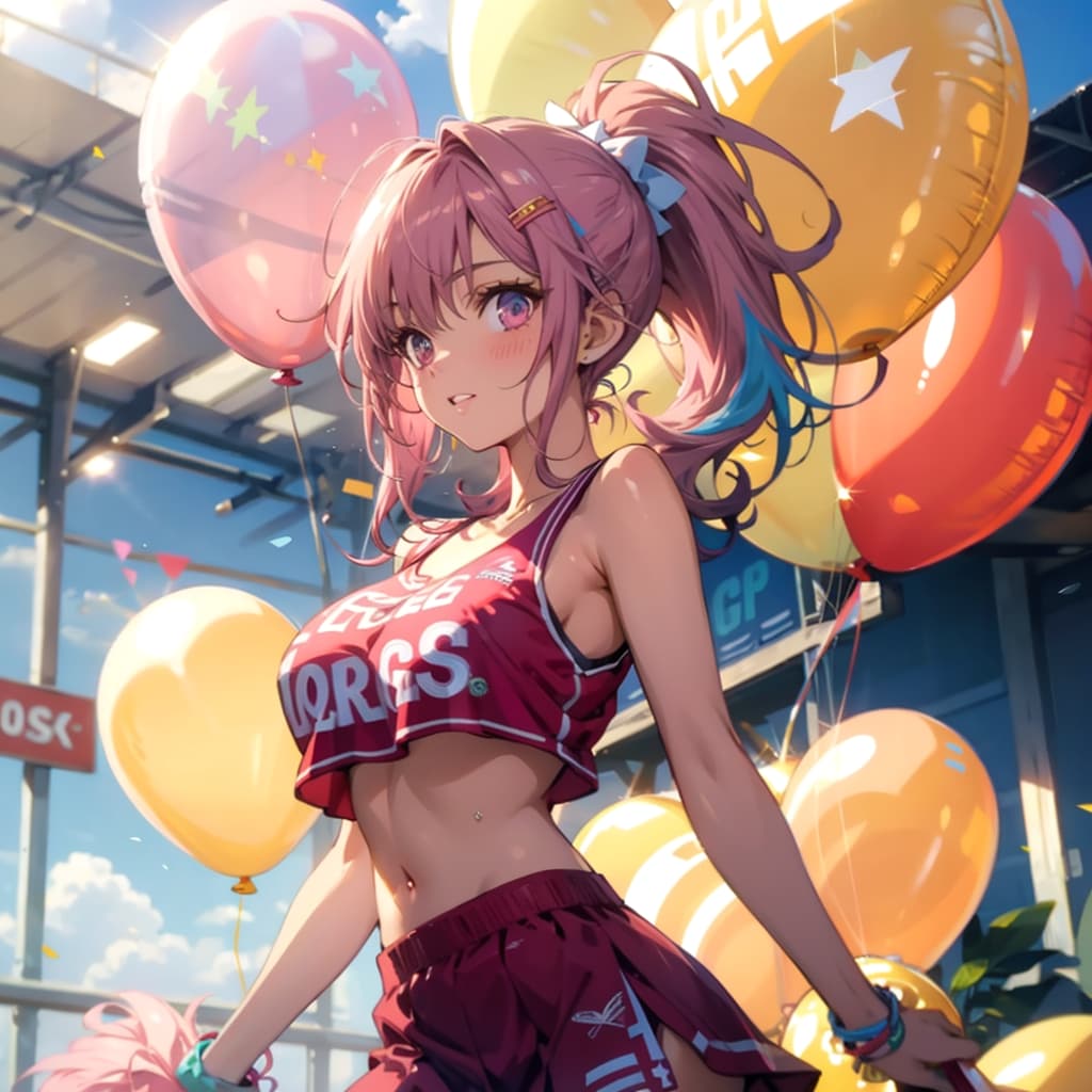 いっぱい色とりどりの風船を持つピンク髪ポニーテールのチアガール衣装着た美女