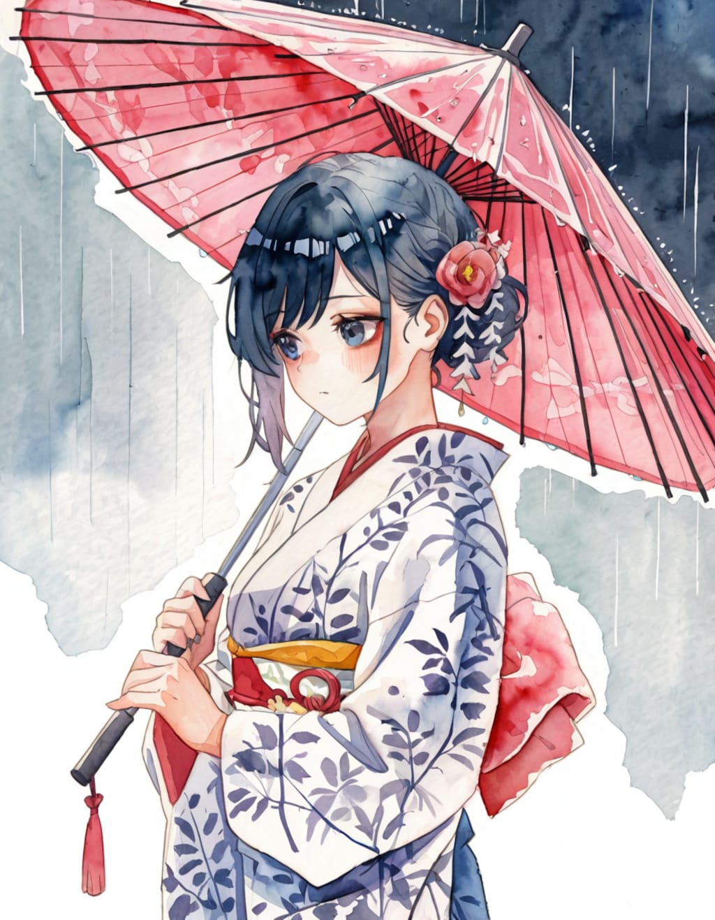 雨、着物、和傘にて