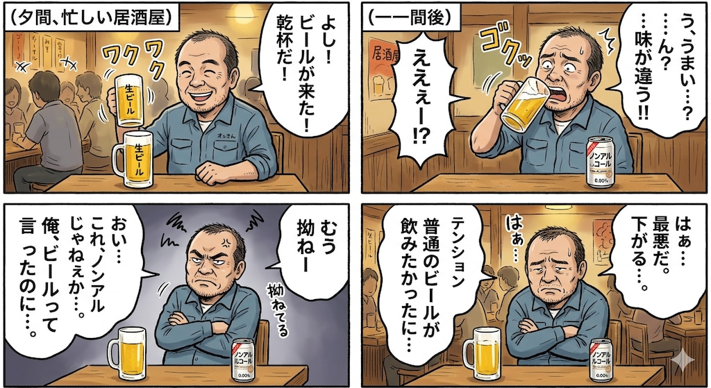 ビールを頼んだのにノンアルコールビールが出てきて拗ねてるおっさん