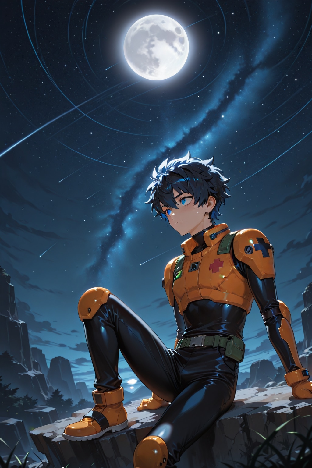 満月の夜に岩場でたそがれる少年 | の人気AIイラスト・グラビア