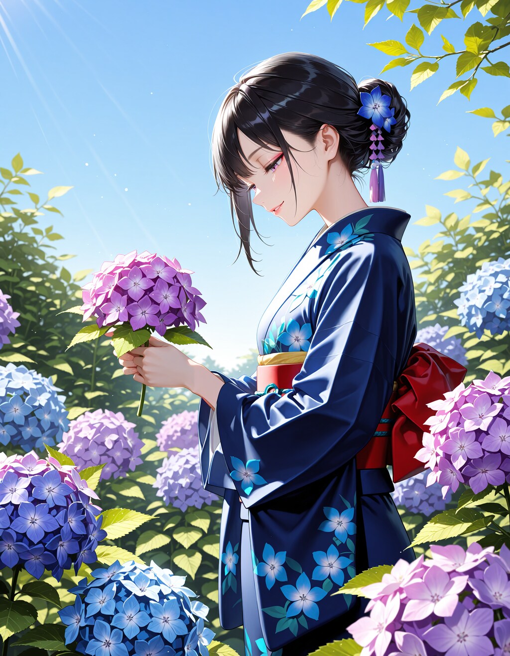 梅雨の晴れ間に紫陽花を摘む着物美人