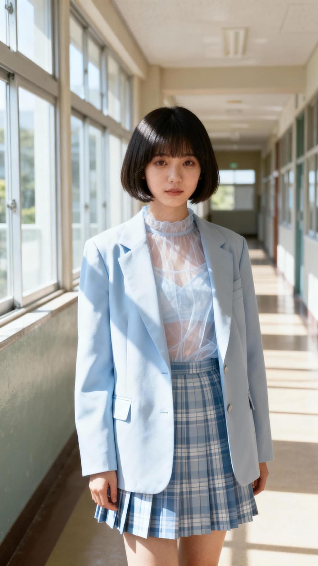 Aラインショートボブ、シースルーマッシュ、ブレザー、チェックのプリーツスカート、スレンダーグラマー、日本の女子高生、日本の高校の制服