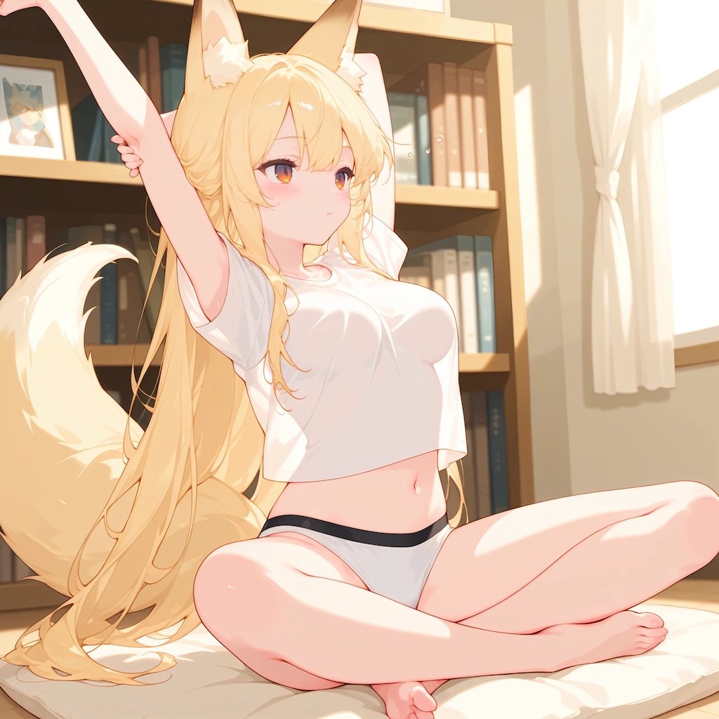 寝ぼけながら伸び　狐娘さん