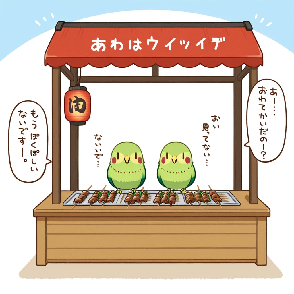 焼き鳥屋台と喋るインコ
