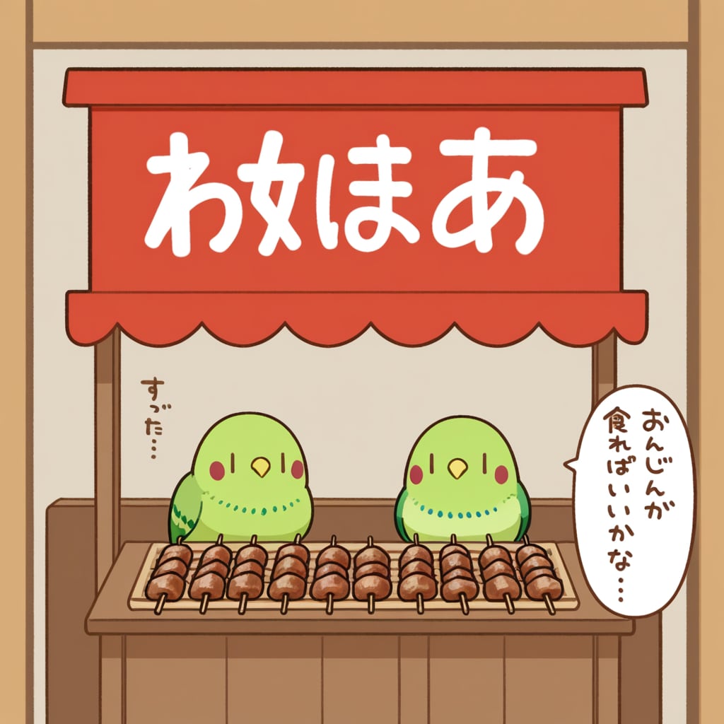 焼き鳥屋台と喋るインコ