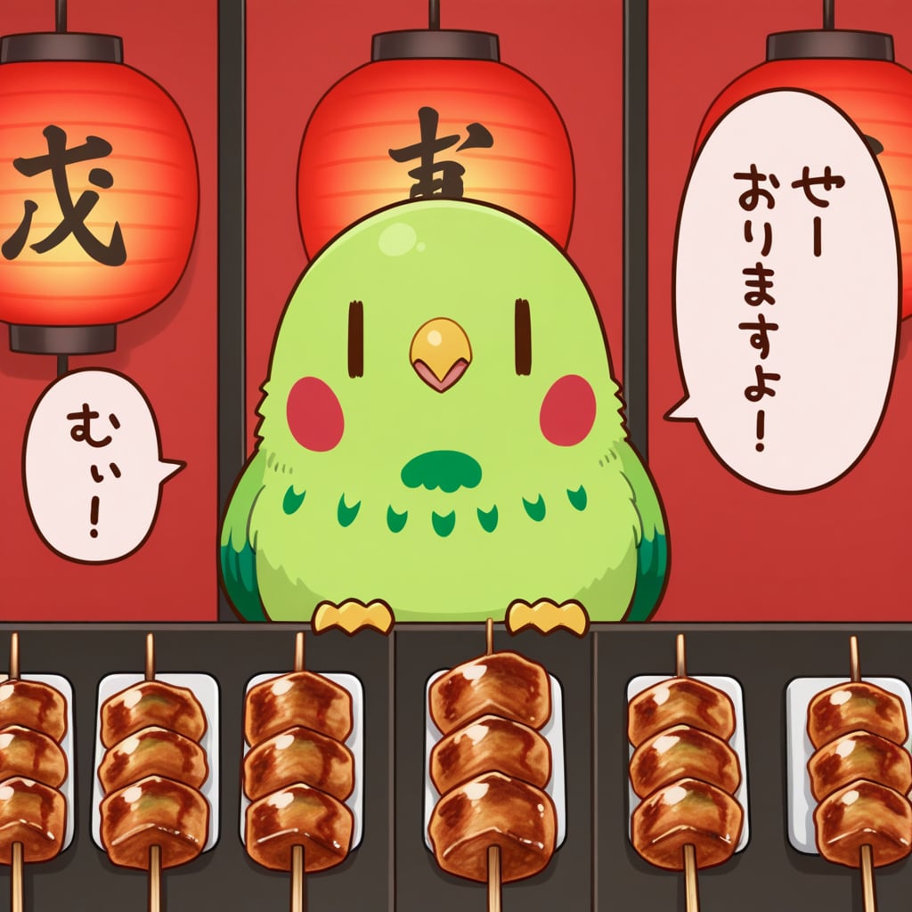 焼き鳥屋台と喋るインコ