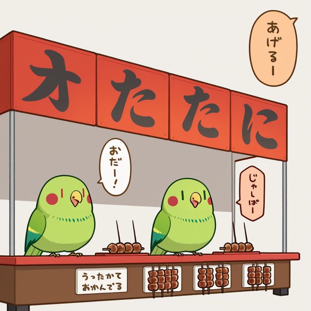 焼き鳥屋台と喋るインコ