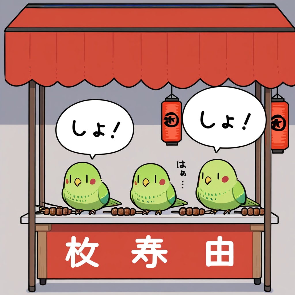 焼き鳥屋台と喋るインコ