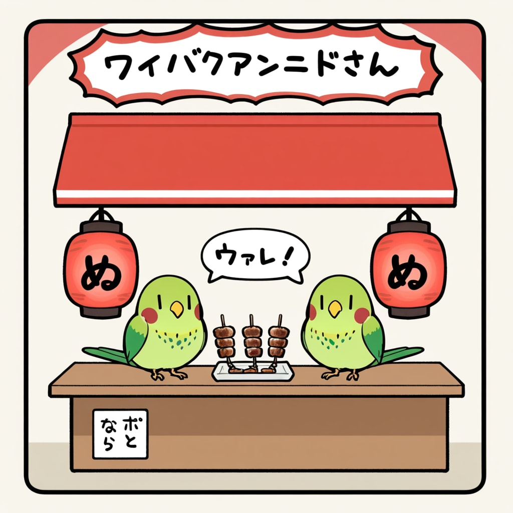 焼き鳥屋台と喋るインコ | の人気AIイラスト・グラビア