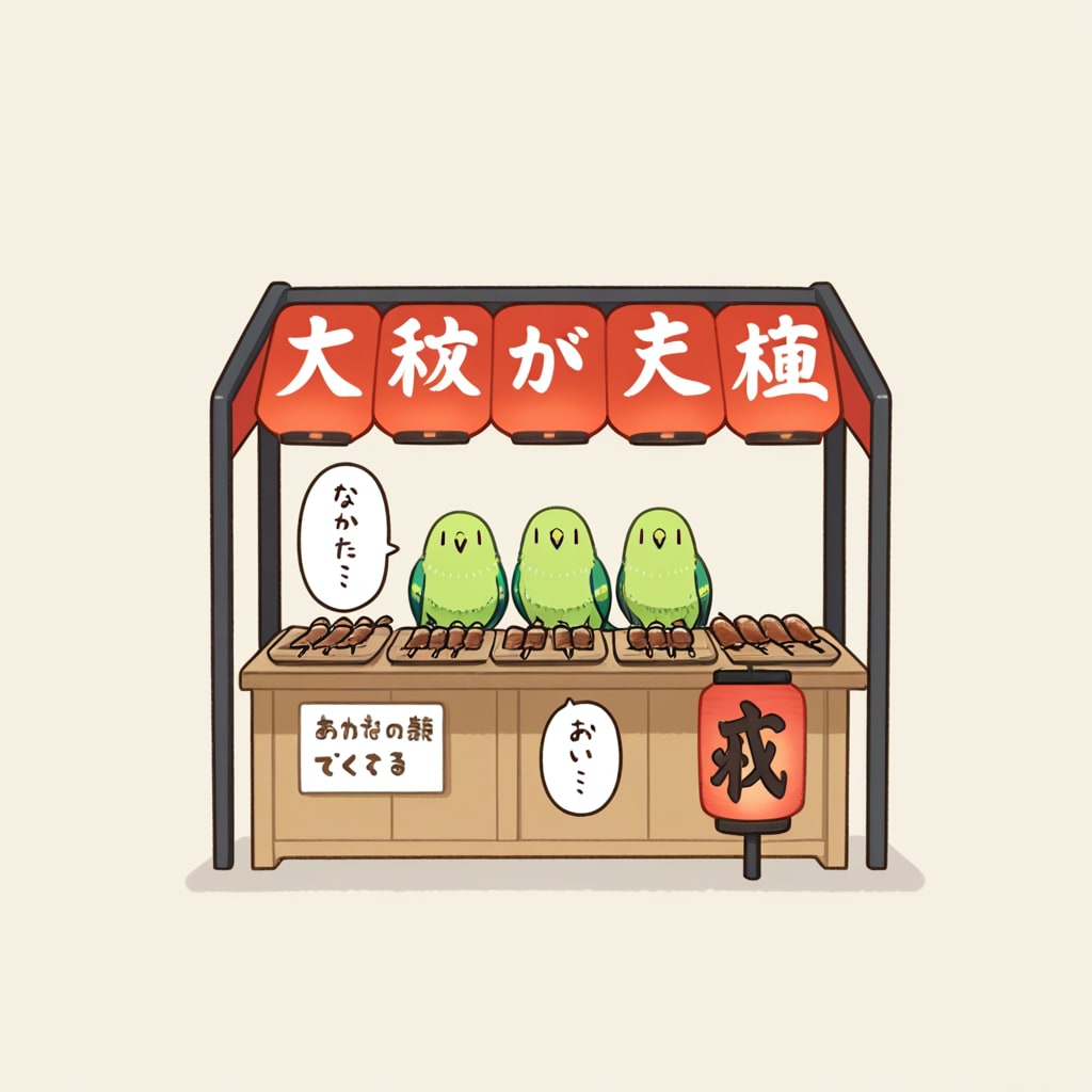 焼き鳥屋台と喋るインコ
