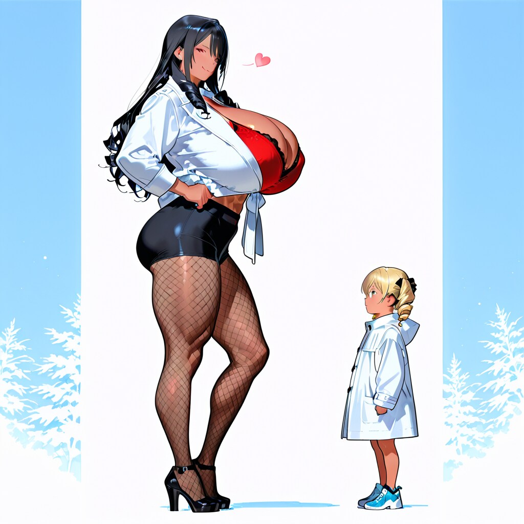 グラマラス美女を見つめる白コート金髪少女
