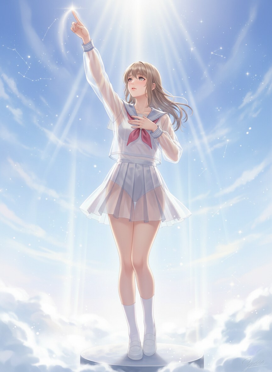 Proud, delicate saint in a eternally diaphanous gossamer japanese sailor suit uniform