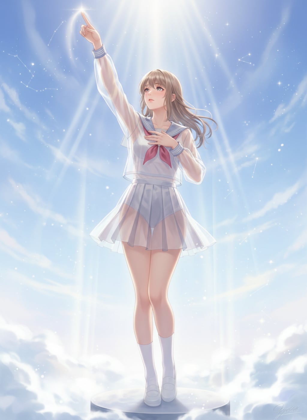 Proud, delicate saint in a eternally diaphanous gossamer japanese sailor suit uniform