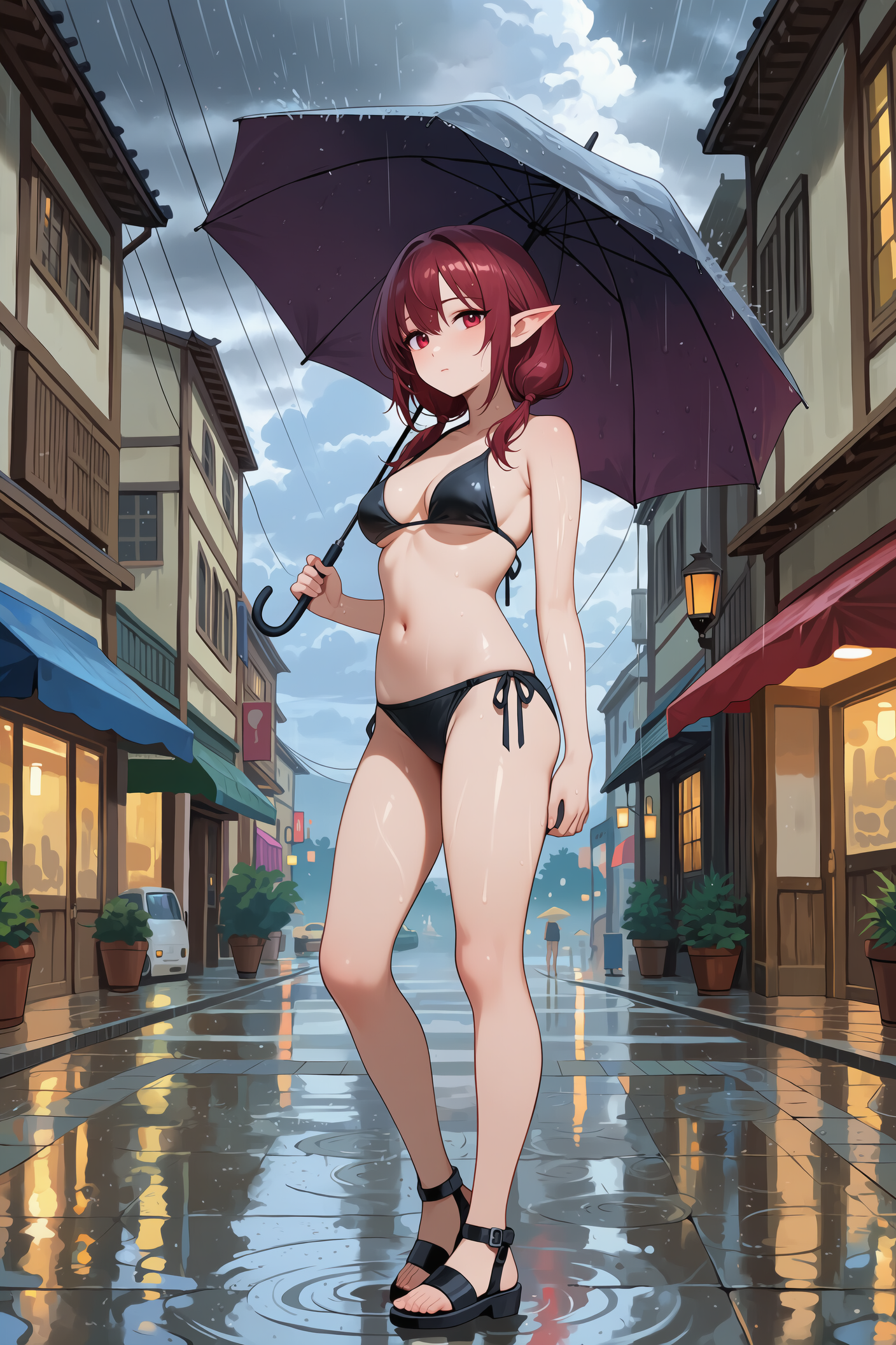 ビキニで傘を持つエルフさん