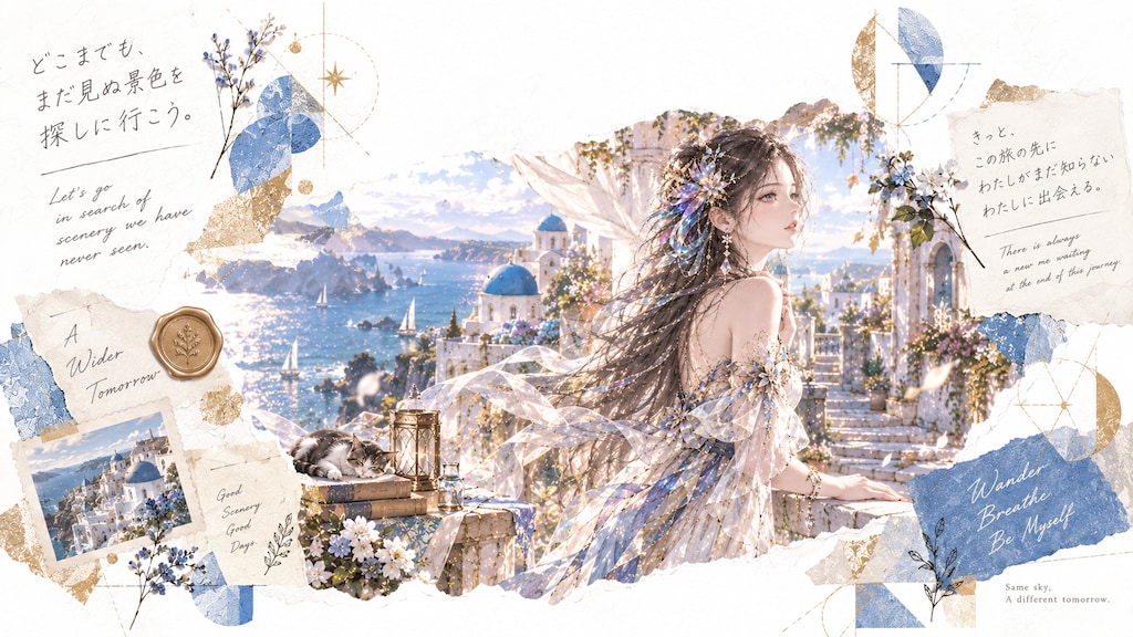 未だ見ぬ海の向こうで  青いドームの町と輝く海を眺めながら、少女は静かに微笑む。眠る猫と古い本をそばに、旅の果てに待つ新しい自分との出会いを、そっと胸に抱いていた。  #旅 #幻想風景 #女性 #猫