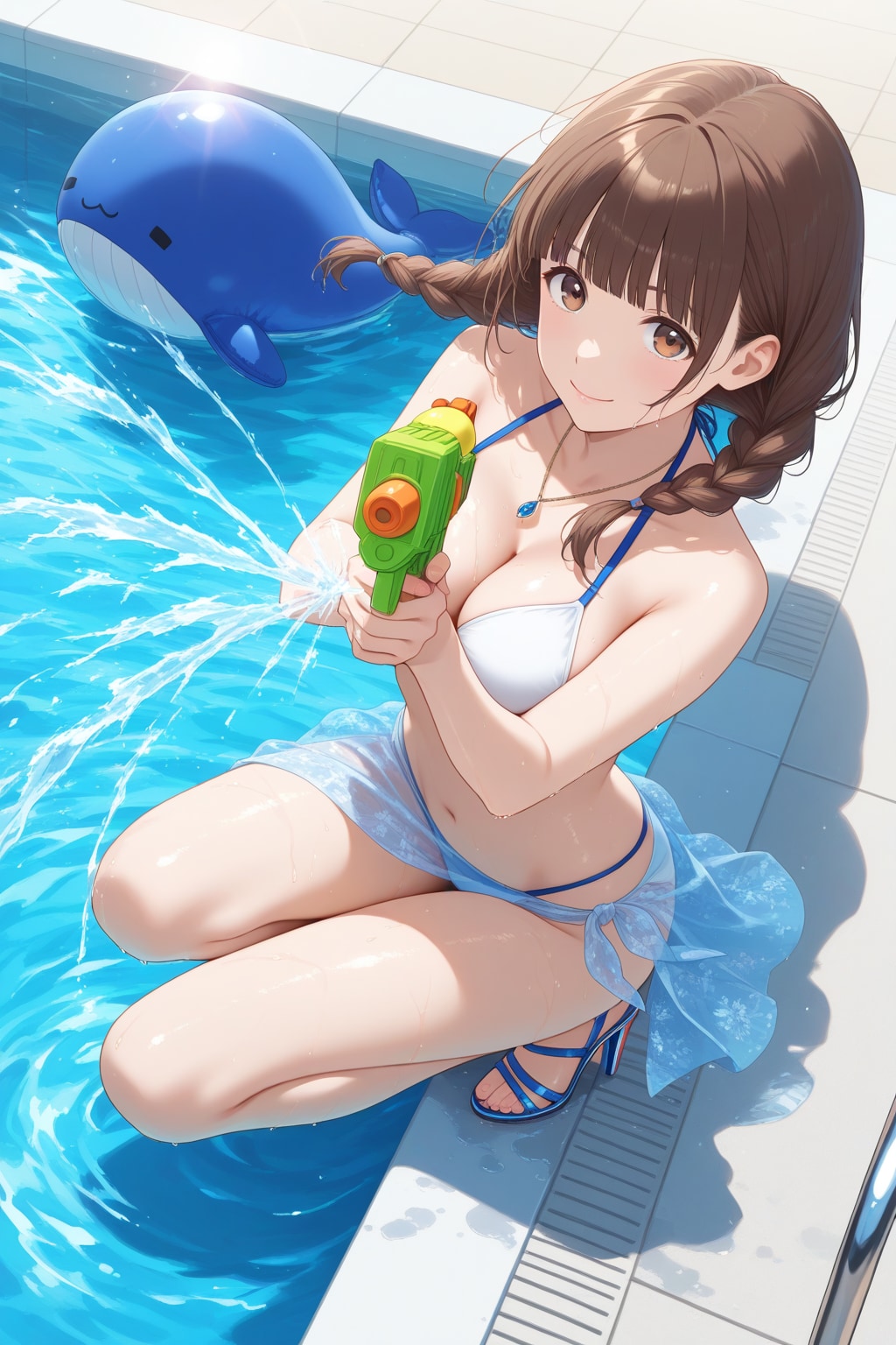 プールで水鉄砲合戦！　ハイヒール履いて本気になってるお姉さん