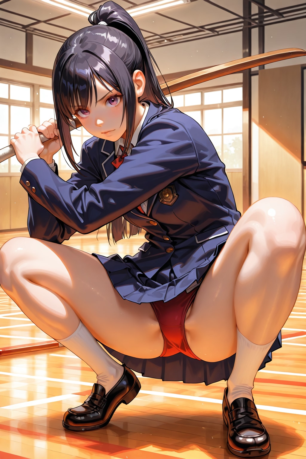 ブレザーで蹲踞する剣道女子(BONSAI)