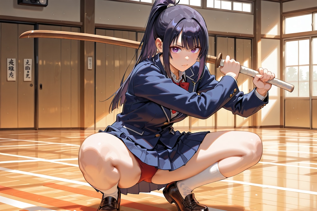 ブレザーで蹲踞する剣道女子(BONSAI)