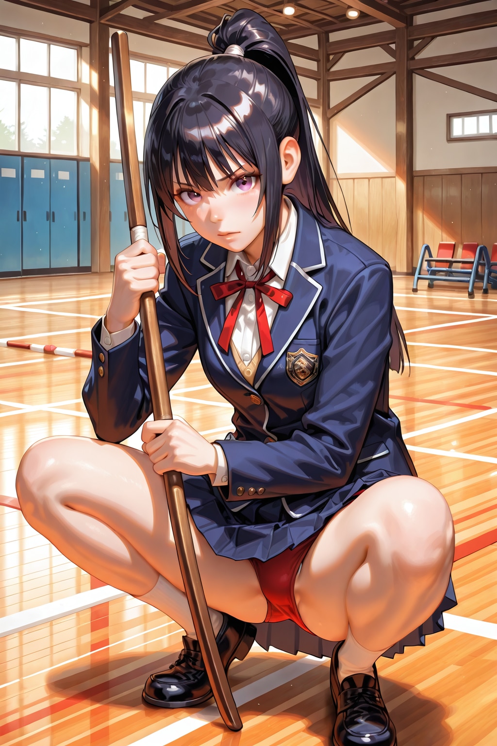 ブレザーで蹲踞する剣道女子(BONSAI)