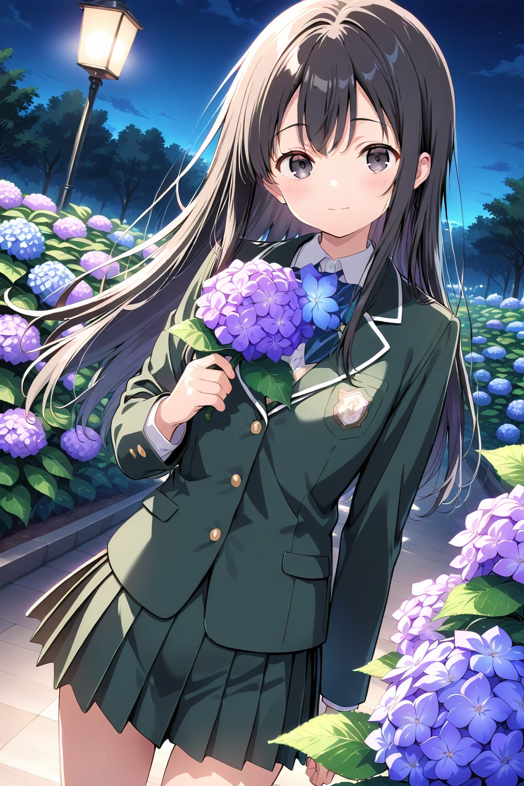 夜の公園に紫陽花を見に