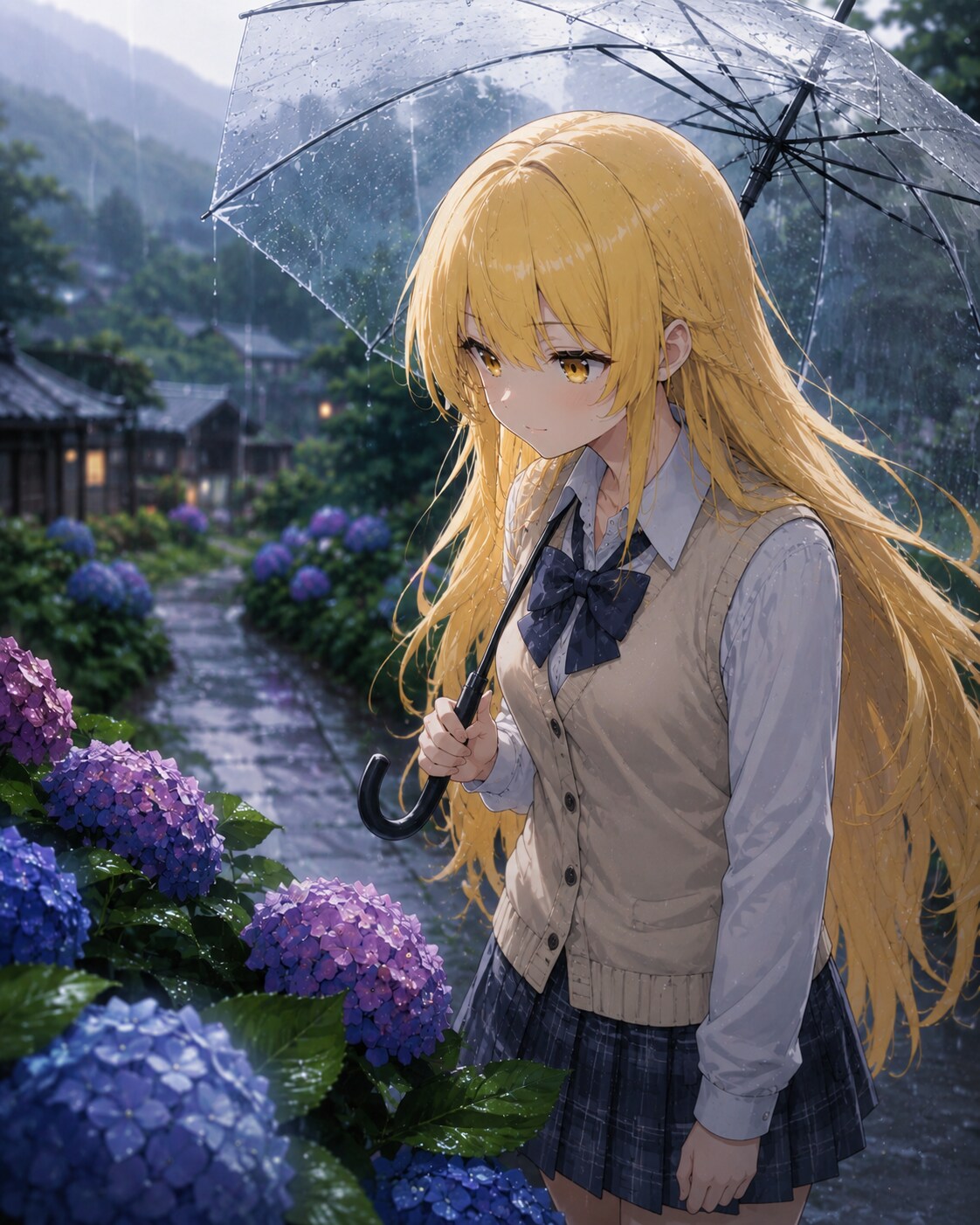 紫陽花を見る女の子