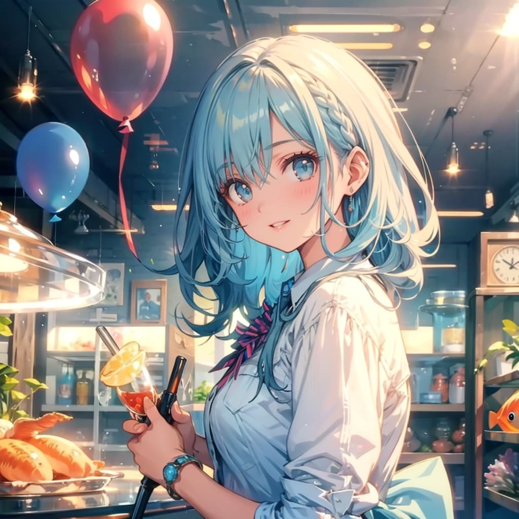 いっぱい風船を持つ水色髪ロングの水族館の美女職員さん。