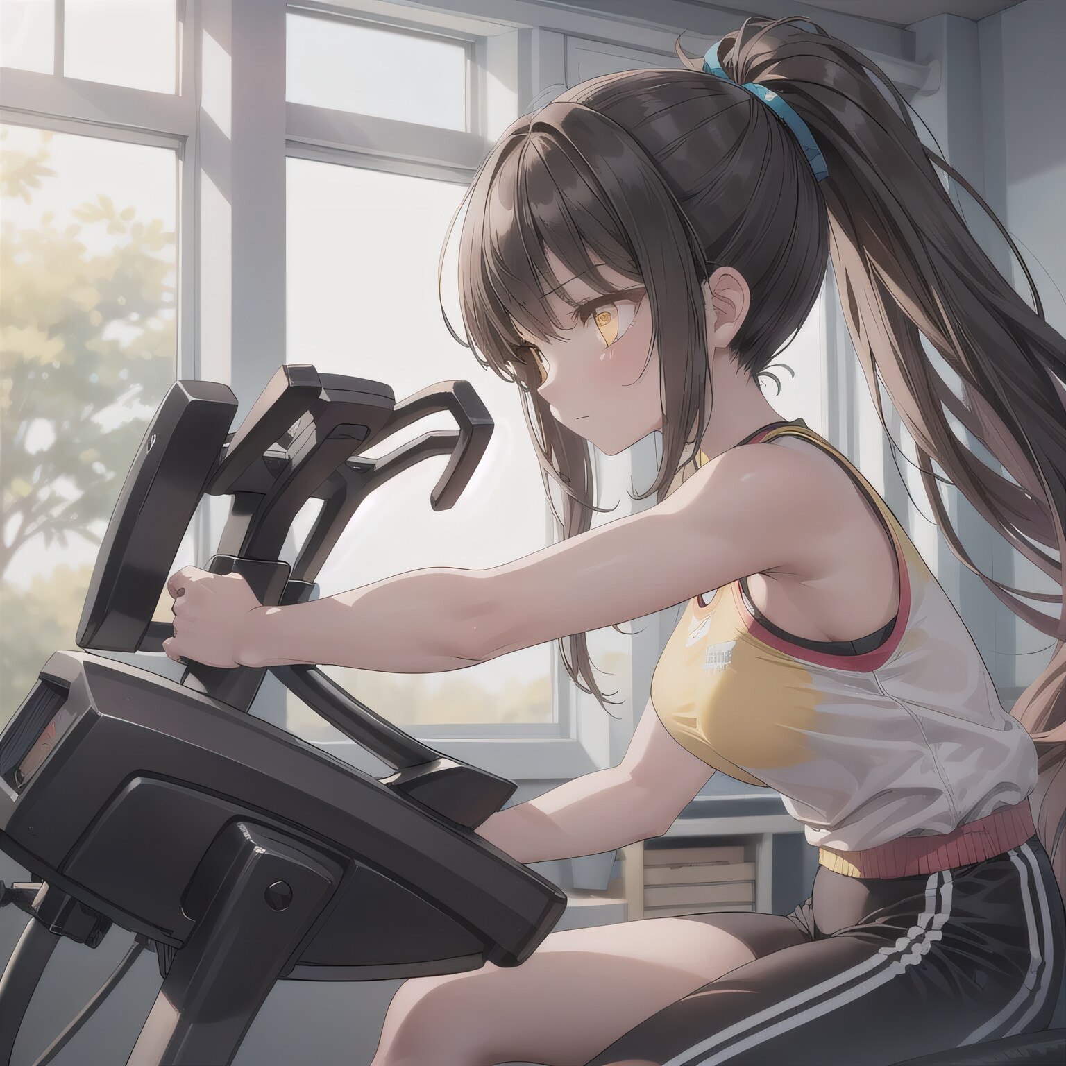 黒髪ポニテでエアロバイクの少女８ | の人気AIイラスト・グラビア