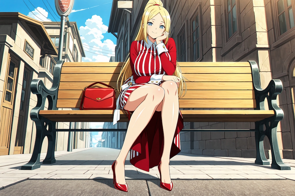 赤のストライプワンピ