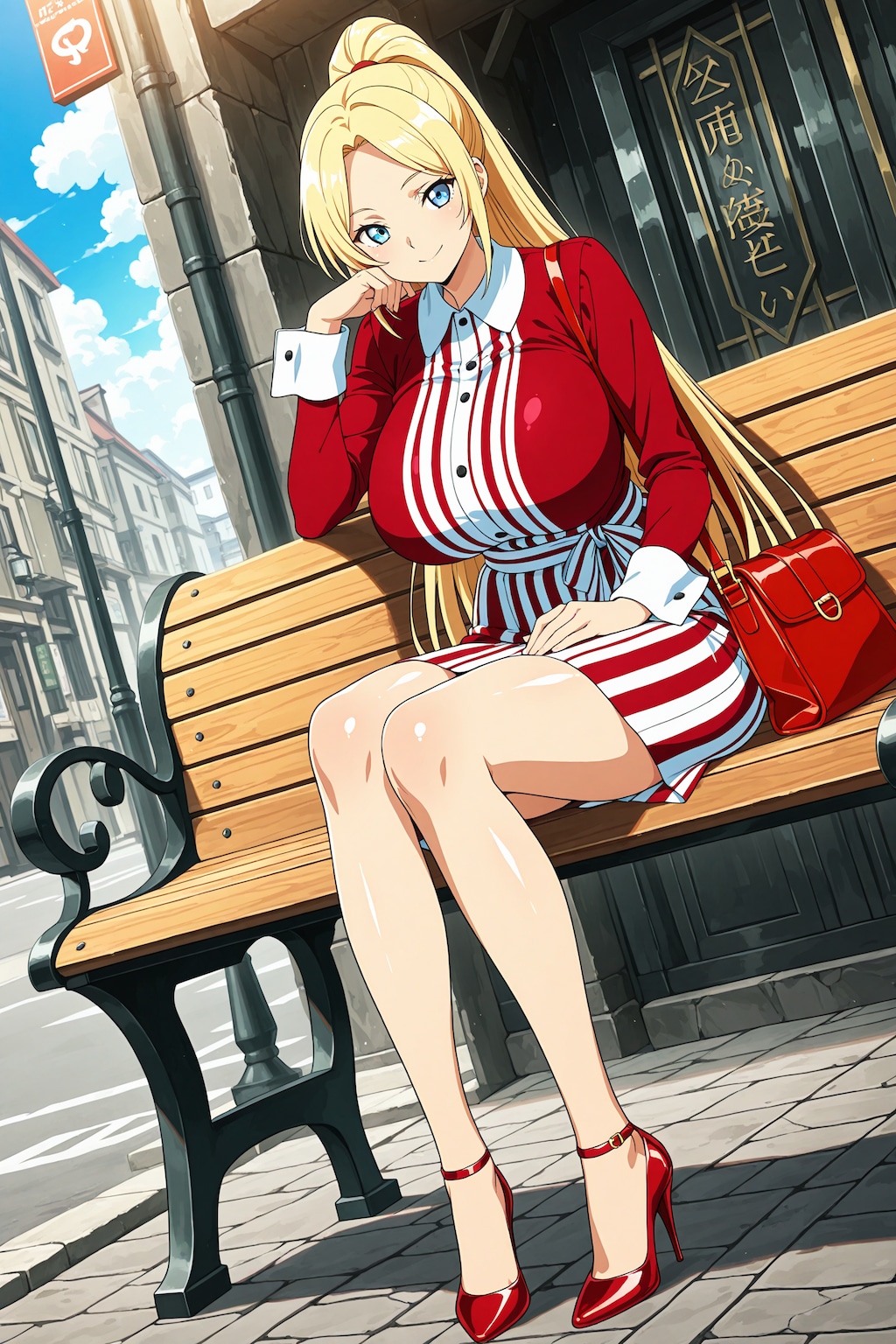 赤のストライプワンピ