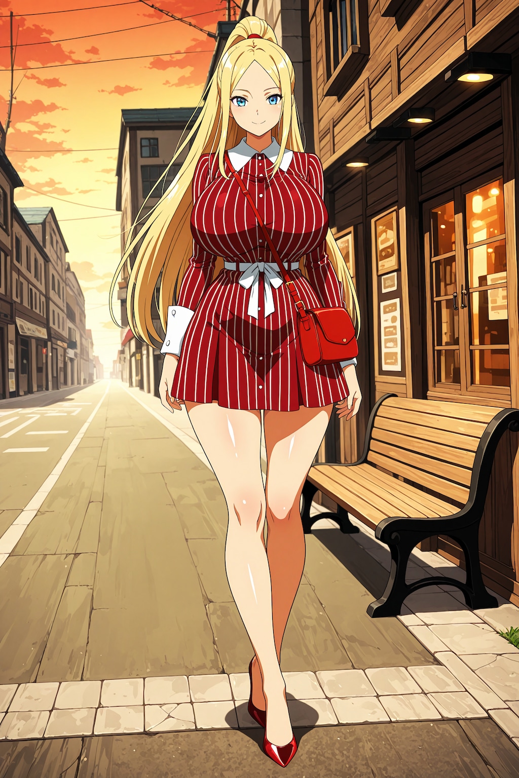 赤のストライプワンピ