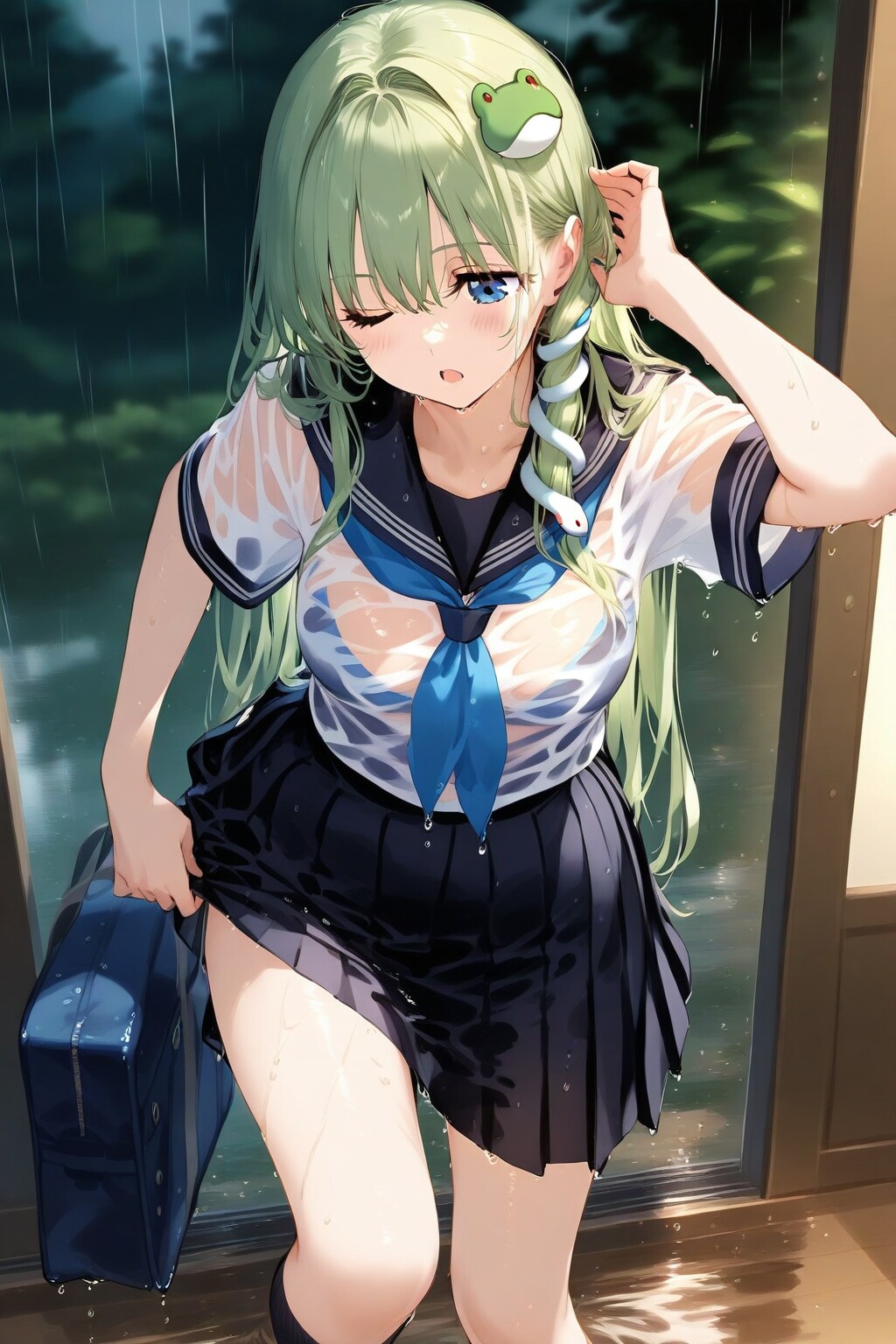 濡れた制服早苗と大雨