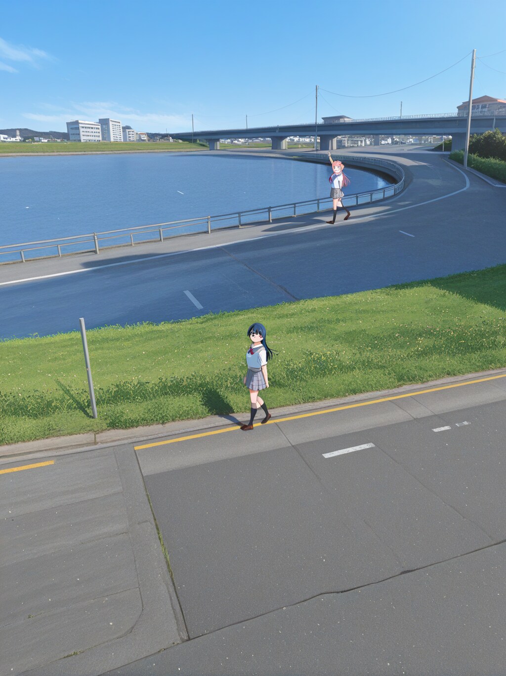 二人の少女が道路を