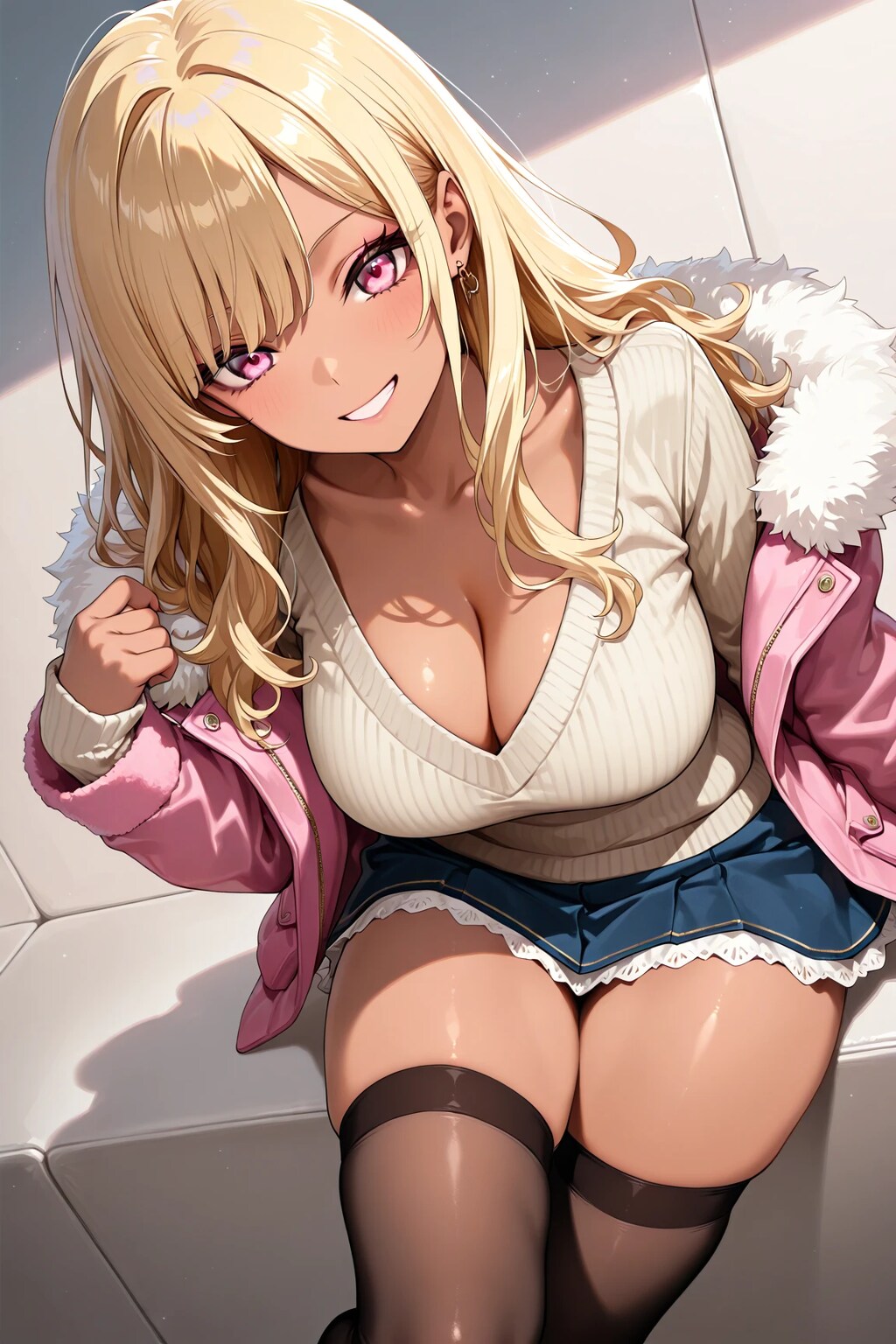 毛皮のジャケットと金髪ギャル