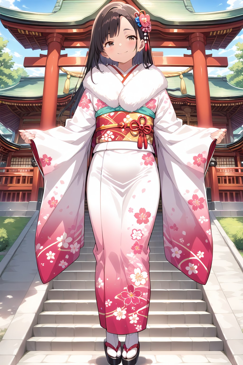 ファーのマフラー、振袖着物、白い足袋、ぽっくり下駄 | の人気AIイラスト・グラビア