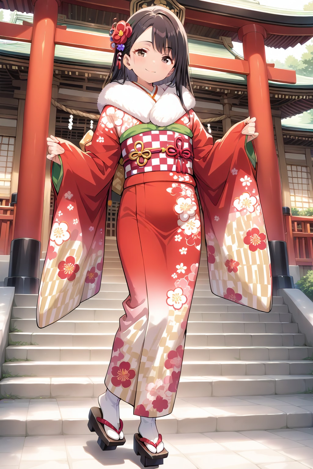 ファーのマフラー、振袖着物、白い足袋、ぽっくり下駄