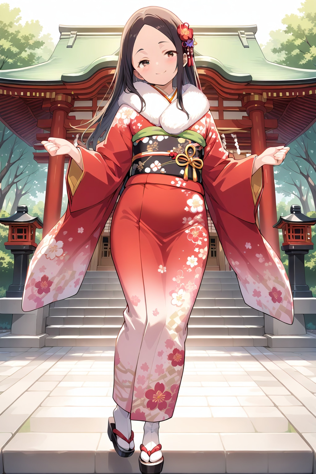 ファーのマフラー、振袖着物、白い足袋、ぽっくり下駄