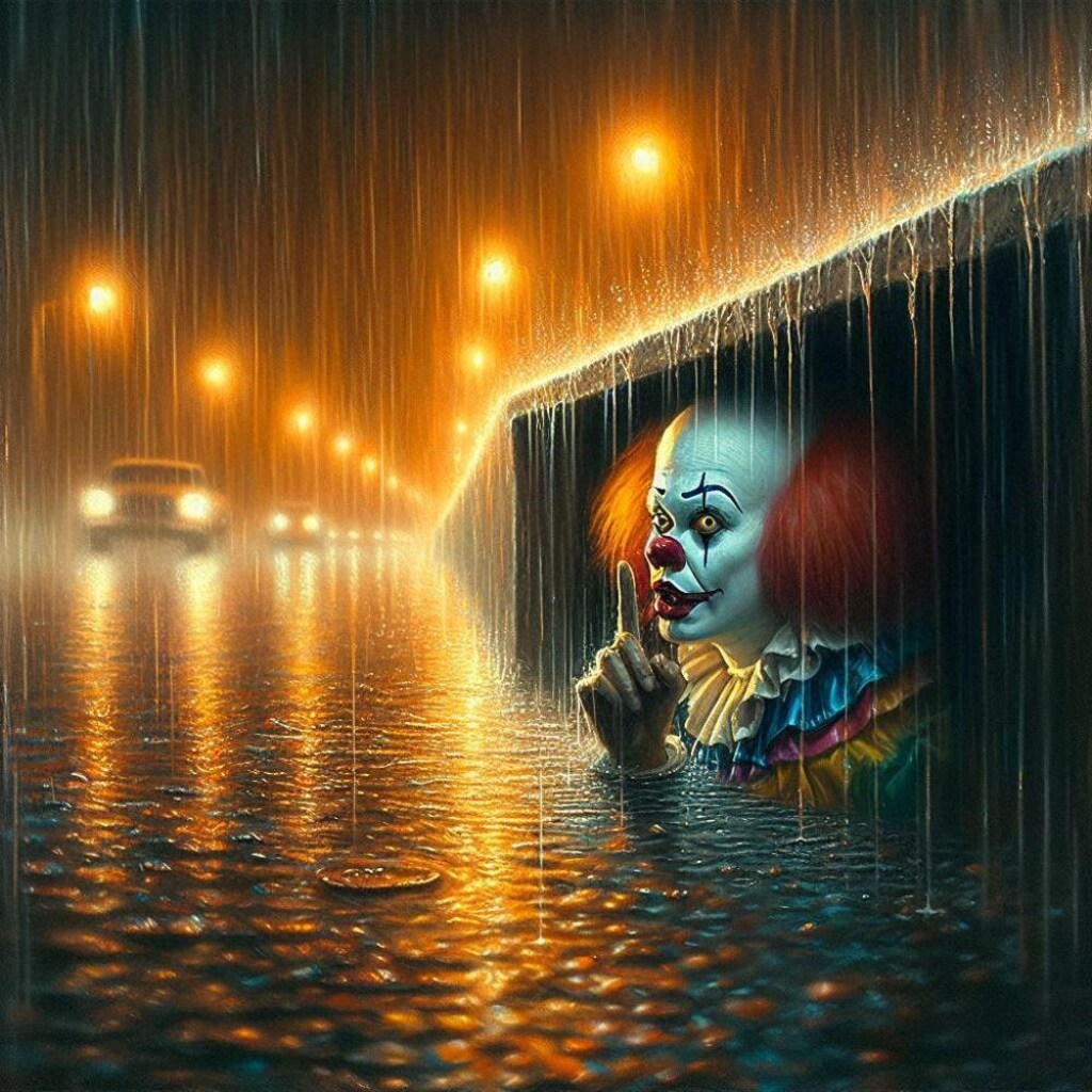 油絵ホラー、深夜こっちを見る内緒ピエロ