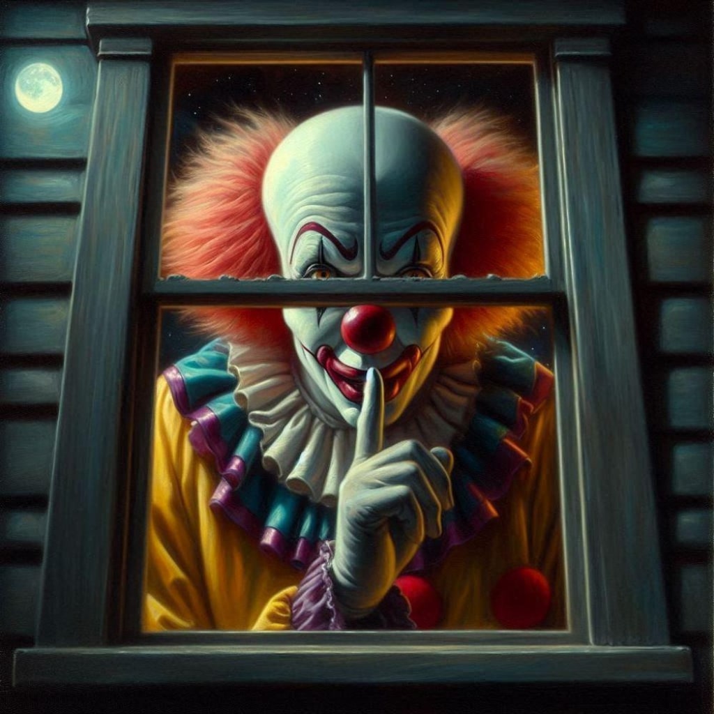 油絵ホラー、深夜こっちを見る内緒ピエロ