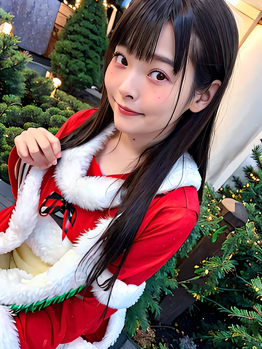 黒髪ロングでサンタ衣裝の美女