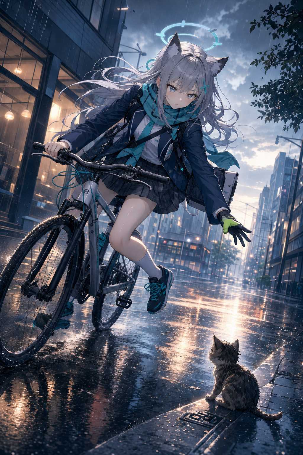 雨の街で子猫に駆け寄る（シロコ）