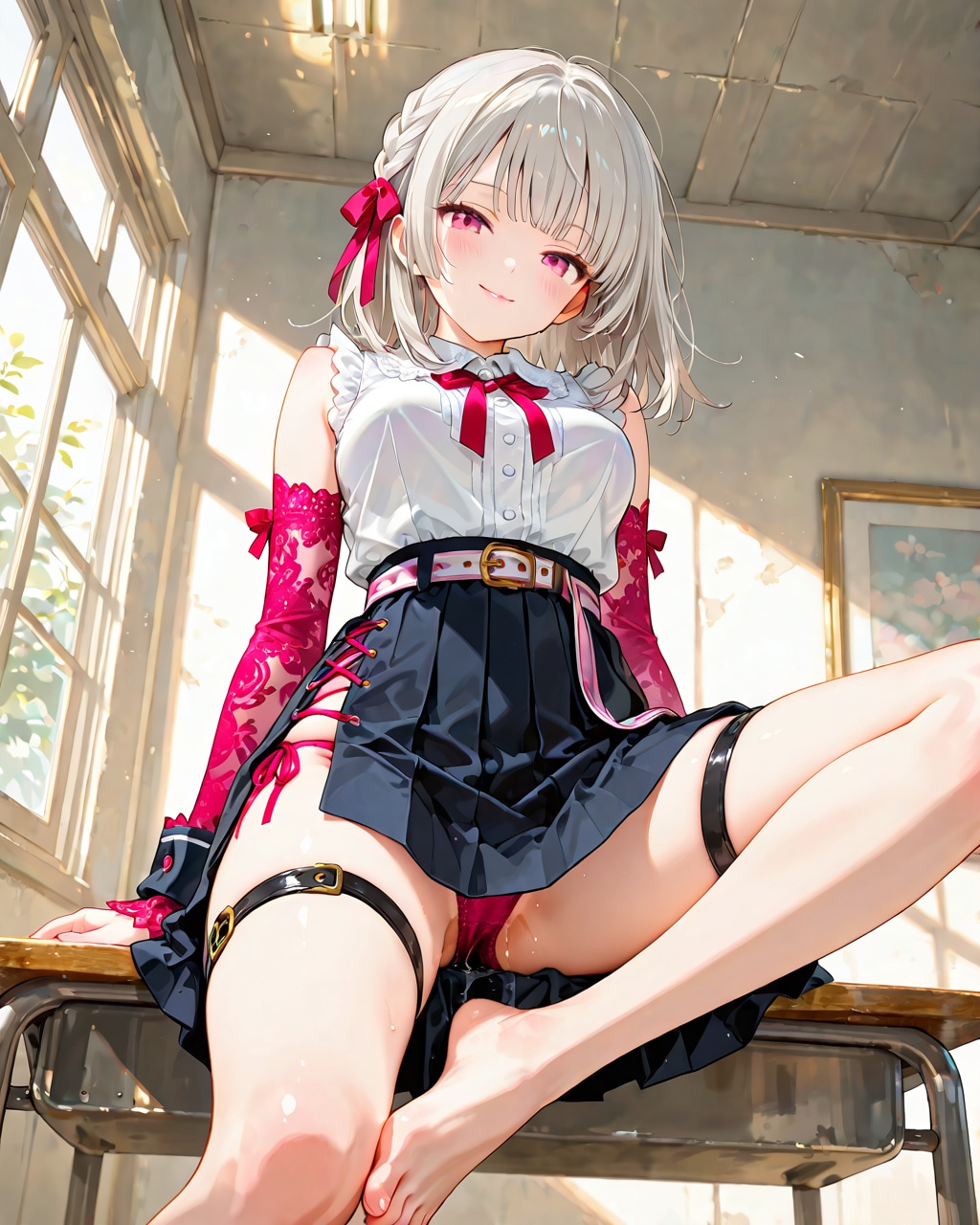 机の下から