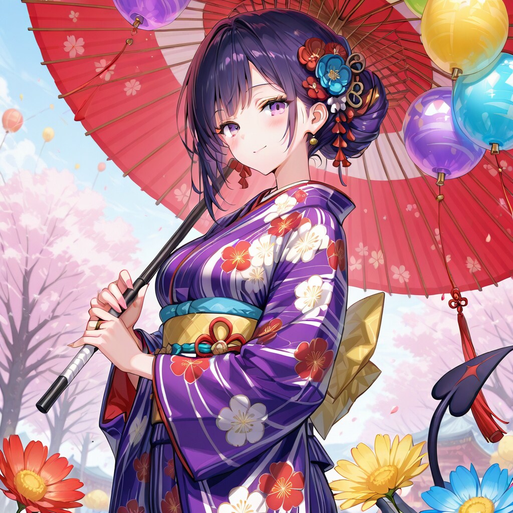 いっぱい色とりどりの風船を持つ紫髪お団子ヘアの着物と傘を持つ美女