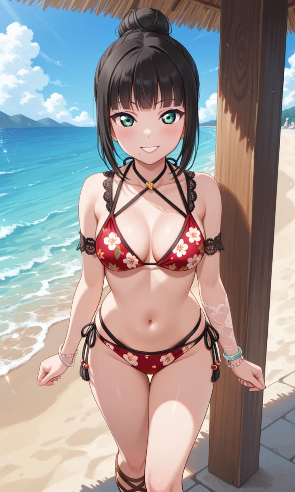 PixAILoRAモデルで見つけたので和風花柄ビキニのダイヤちゃん🔹👙🏖️❤️