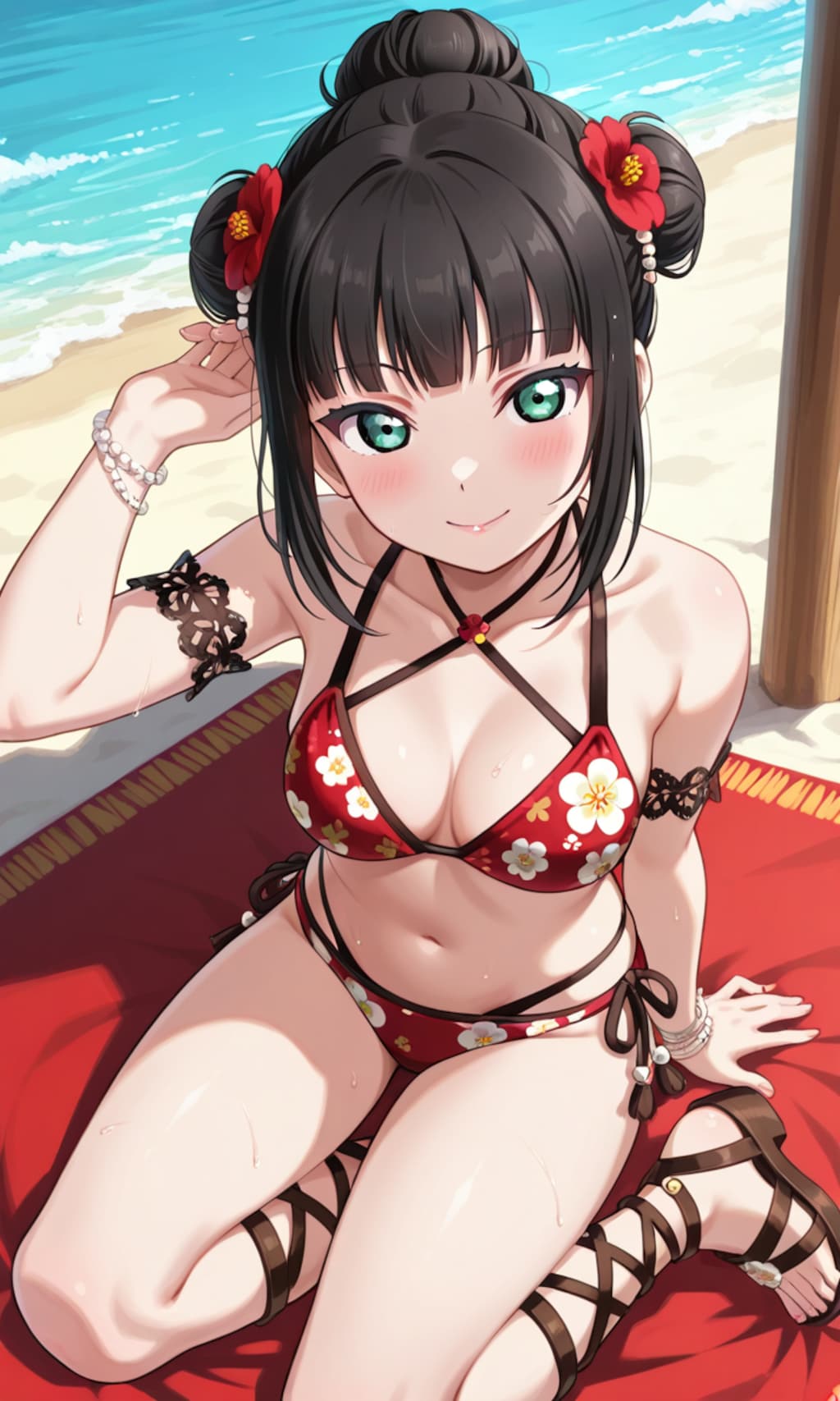 PixAILoRAモデルで見つけたので和風花柄ビキニのダイヤちゃん🔹👙🏖️❤️