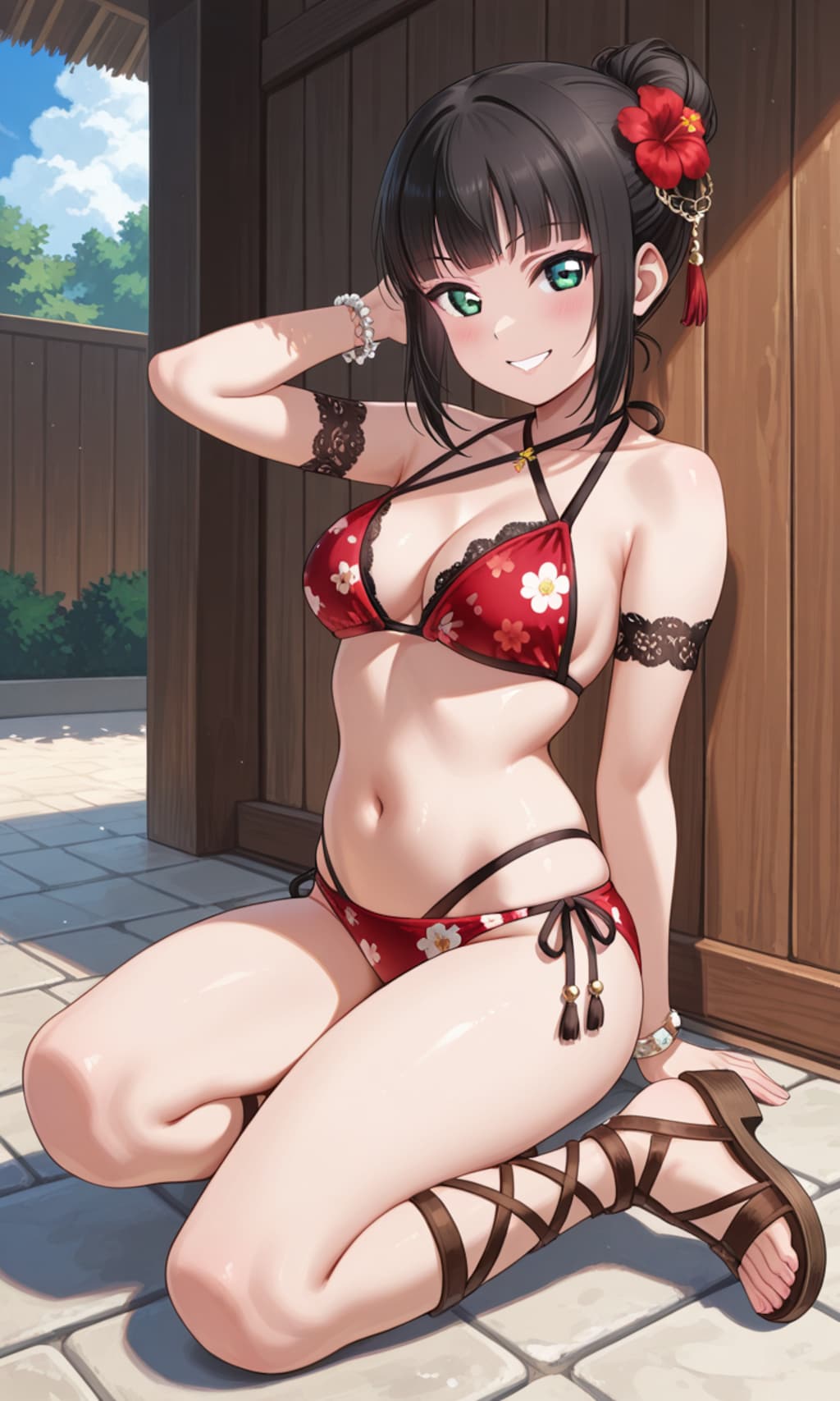 PixAILoRAモデルで見つけたので和風花柄ビキニのダイヤちゃん🔹👙🏖️❤️
