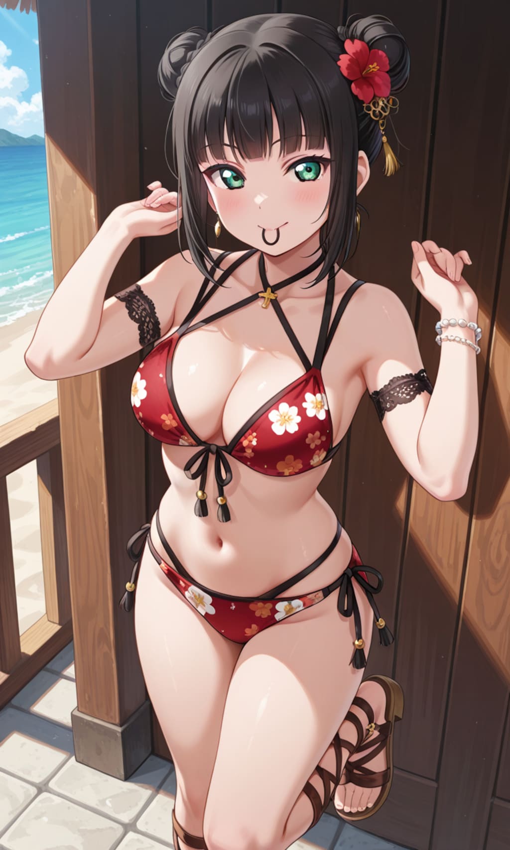 PixAILoRAモデルで見つけたので和風花柄ビキニのダイヤちゃん🔹👙🏖️❤️
