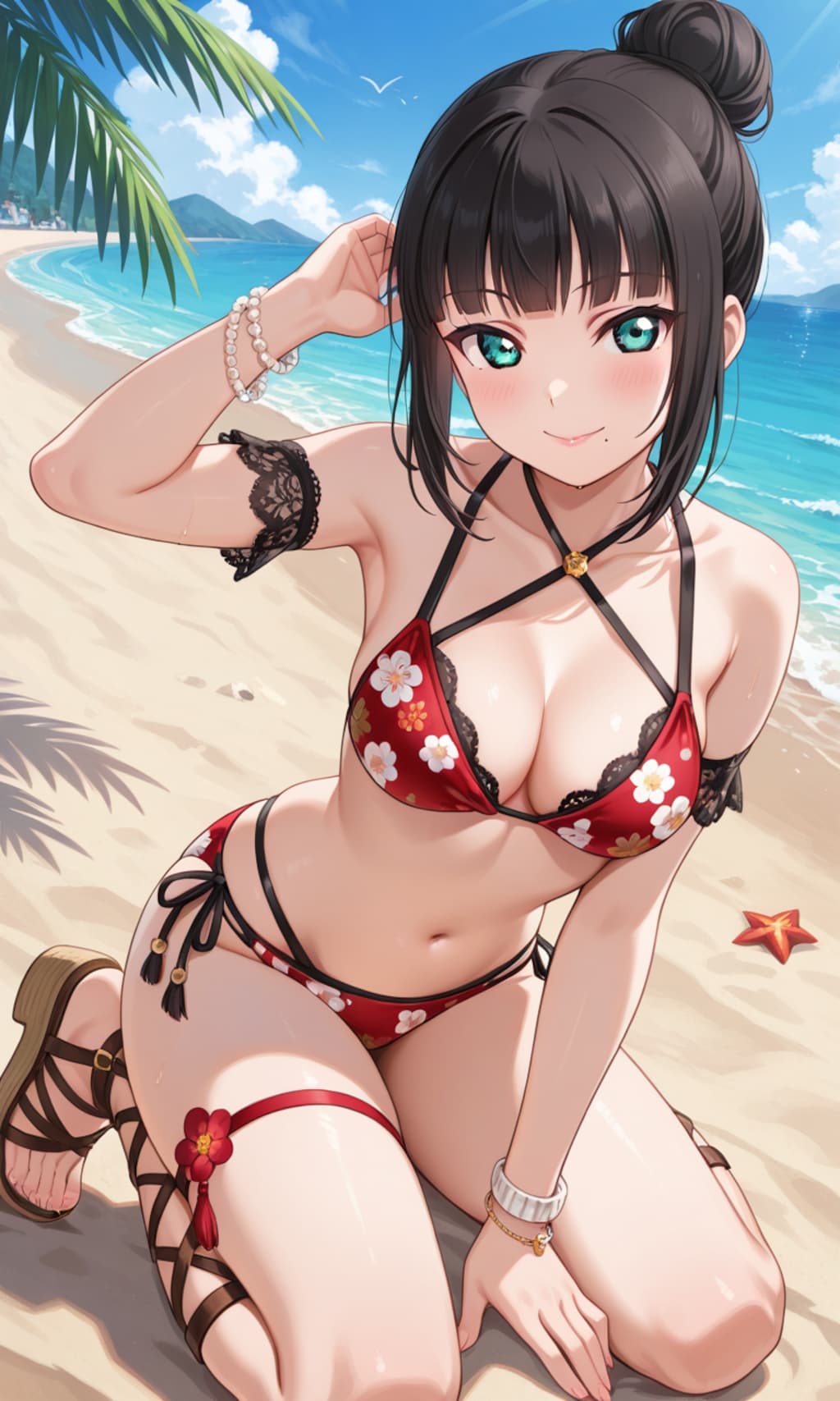 PixAILoRAモデルで見つけたので和風花柄ビキニのダイヤちゃん🔹👙🏖️❤️