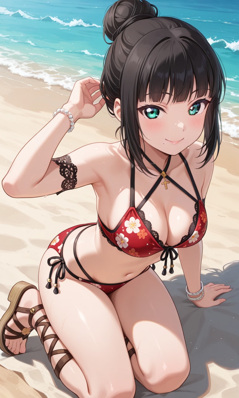 PixAILoRAモデルで見つけたので和風花柄ビキニのダイヤちゃん🔹👙🏖️❤️